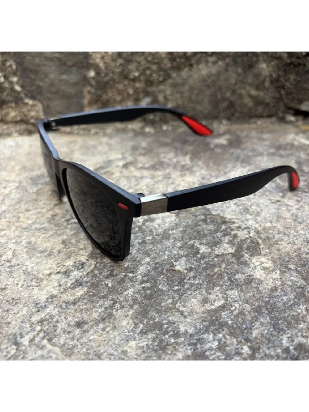 Matte Black Wayfarer Style Sunglasses Red Accent Grip Sport Performance New